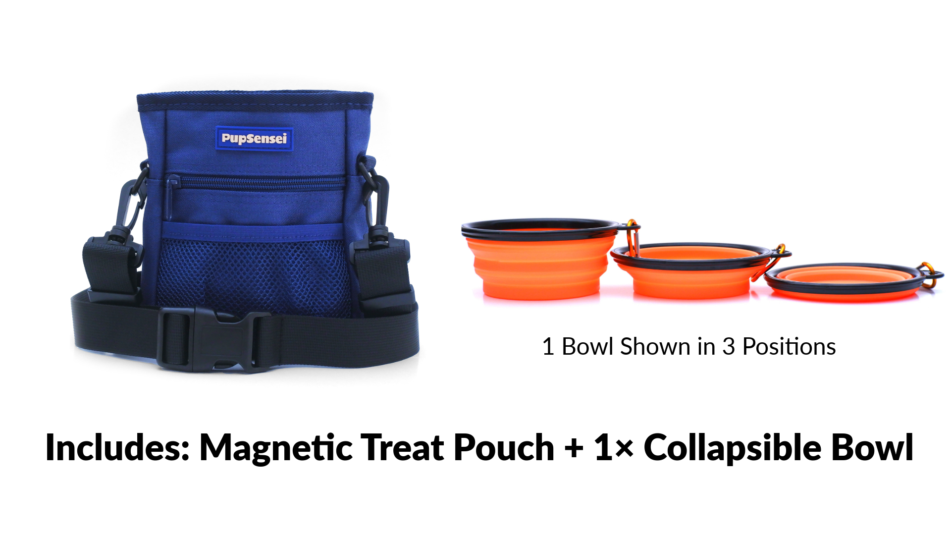 Adventure Set — magnetic treat pouch and 1× collapsible bowl (expanded/collapsed).