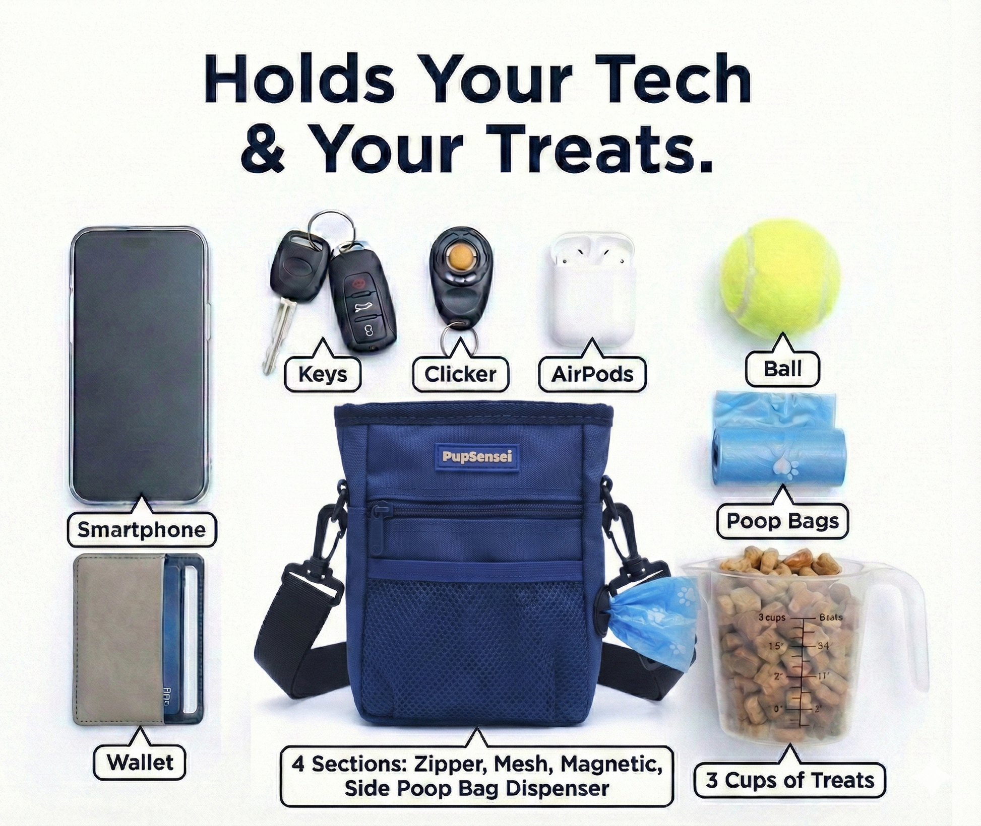 Navy blue dog treat bag with large capacity holds various items like iphone and treats
