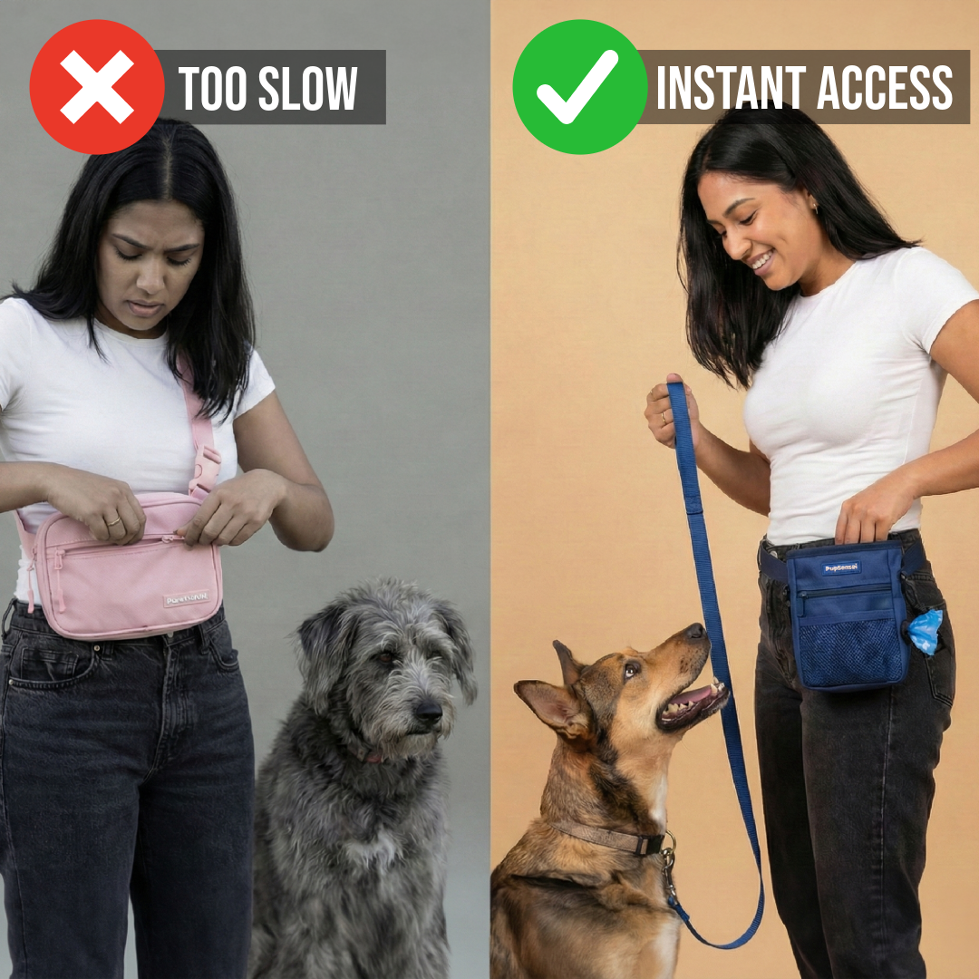 Comparison of a woman with a pink bag and a dog on one side, and a woman with a blue bag and a dog on the other side, with text indicating 'Too Slow' and 'Instant Access'.