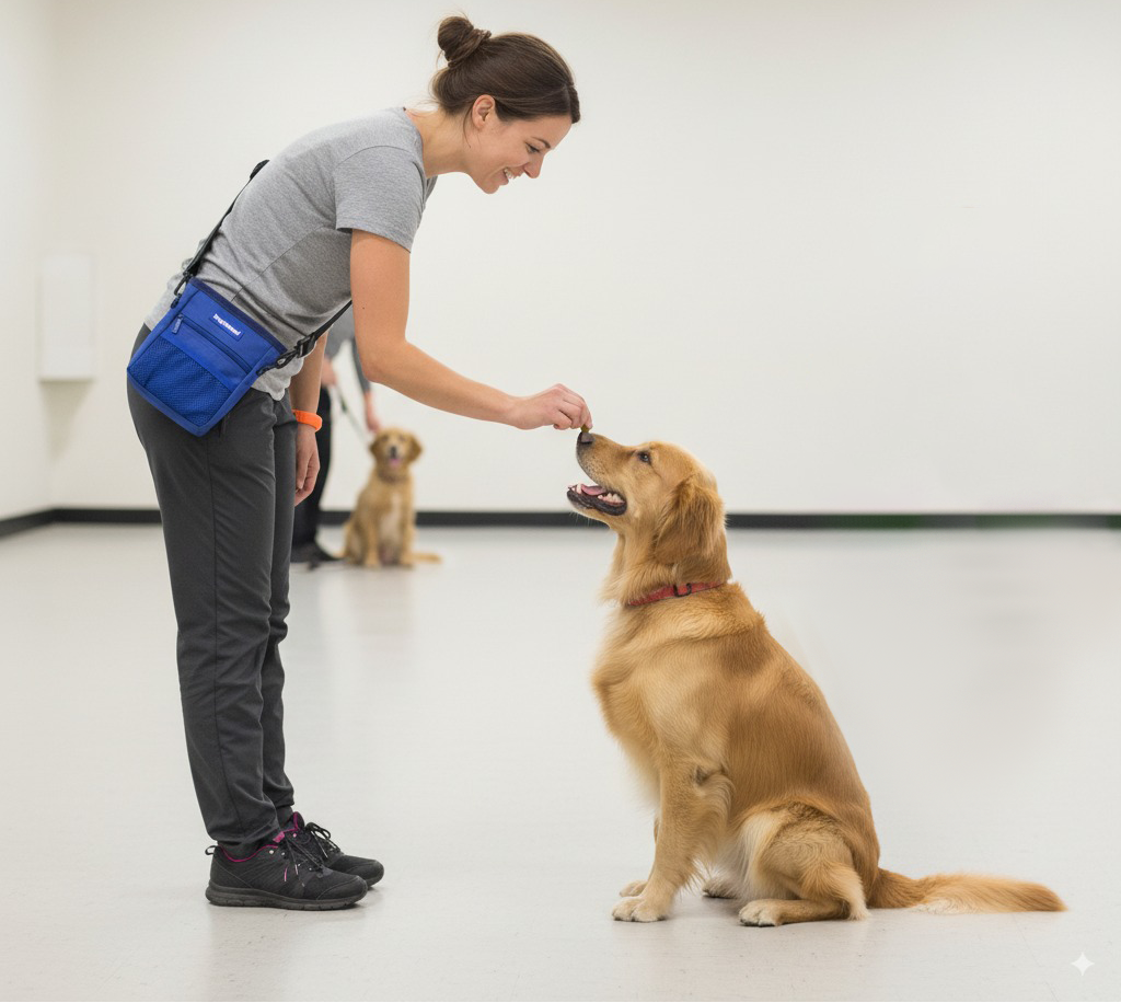 Dog trainer using PupSensei magnetic treat pouch on waistband during outdoor training session