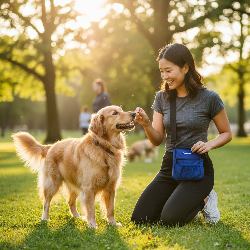 Woman with a blue bag kneeling on grass in a park with a dog