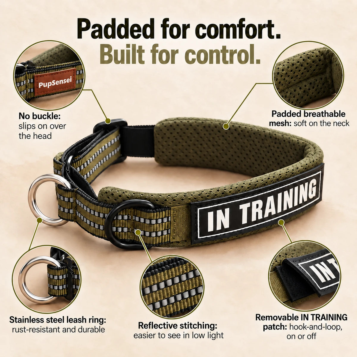 Feature callouts on the martingale collar: padded breathable mesh, no buckle, stainless steel leash ring, reflective stitching and removable IN TRAINING patch
