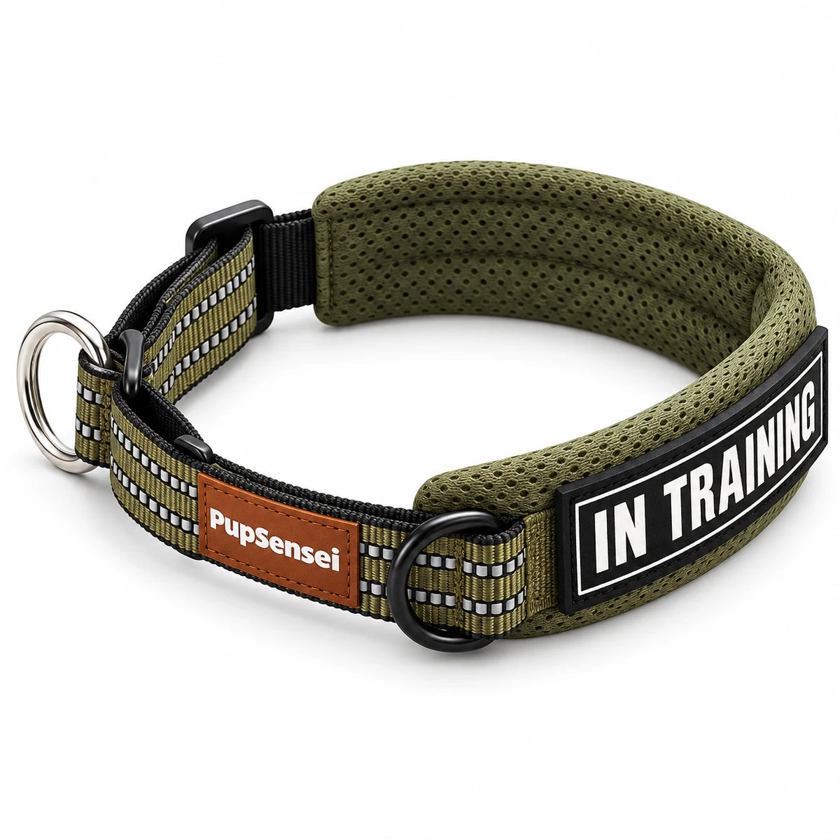 PupSensei Slip-On Martingale Collar in Army Green with padded mesh band, IN TRAINING patch, matte black hardware and stainless steel leash ring