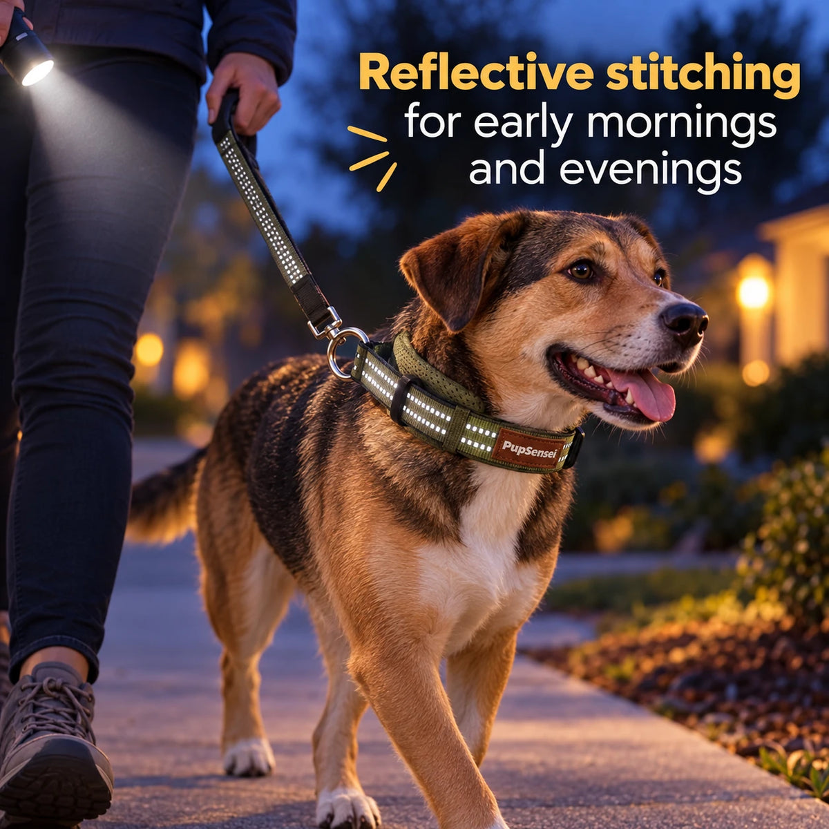 Dog on an evening walk wearing the PupSensei martingale collar with reflective stitching catching a flashlight beam
