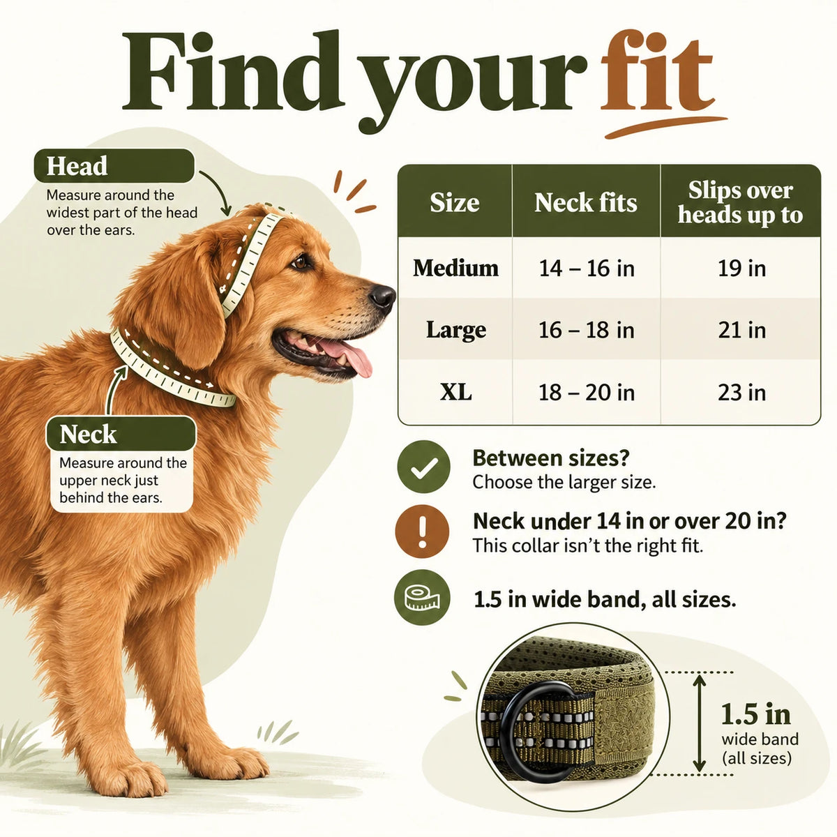 Size chart for the Slip-On Martingale Collar: Medium 14–16 in neck, Large 16–18 in, XL 18–20 in, with maximum head sizes