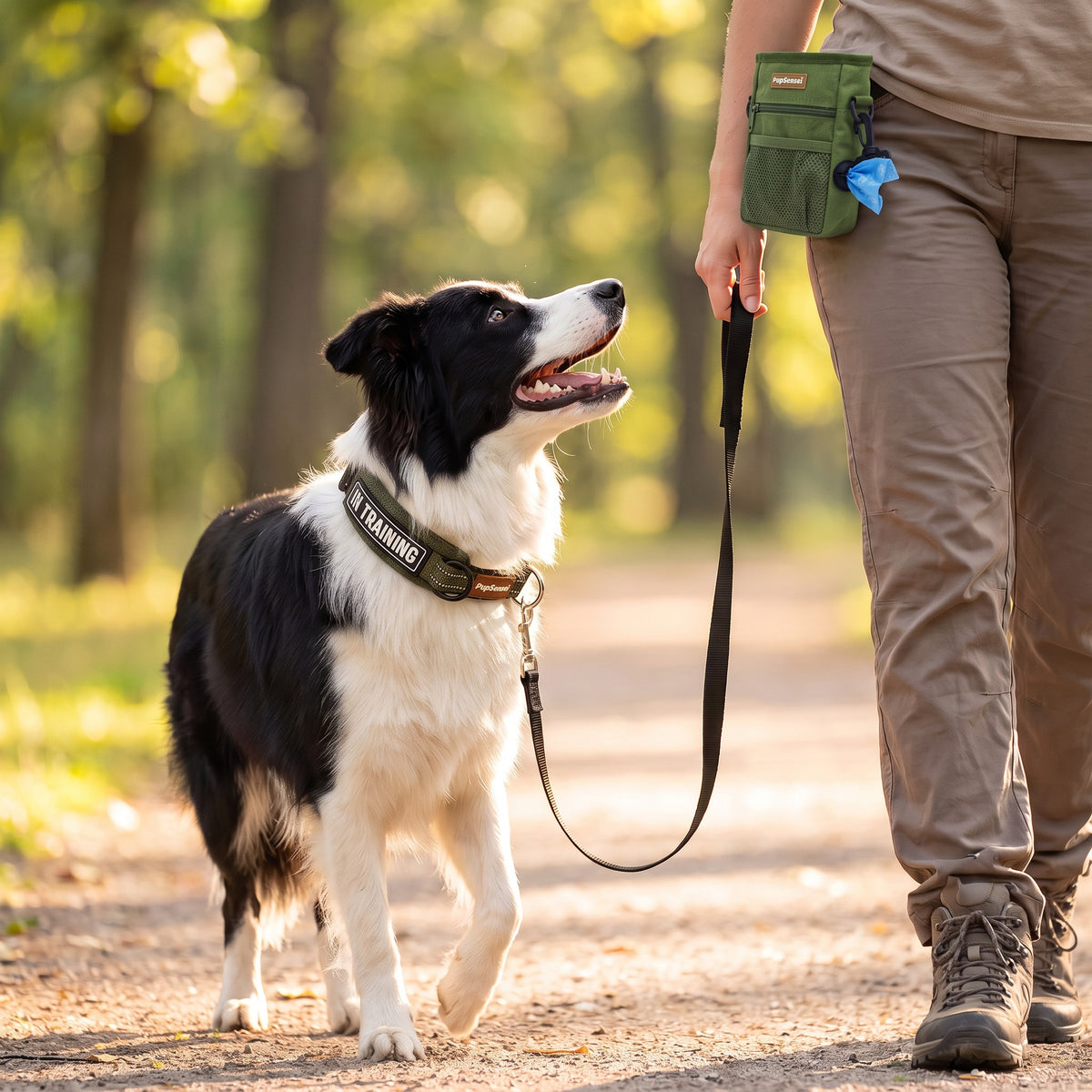 Border Collie walking on a loose leash wearing the PupSensei Slip-On Martingale Collar, owner carrying the Army Green Magnetic Treat Pouch